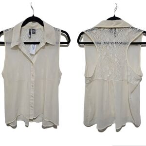 Full Tilt Cream Sheer Sleeveless Button Down Blouse Lace Back Size XL